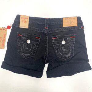 size 26 NEW True Religion mid rise cut off flap pocket black denim shorts $179 s